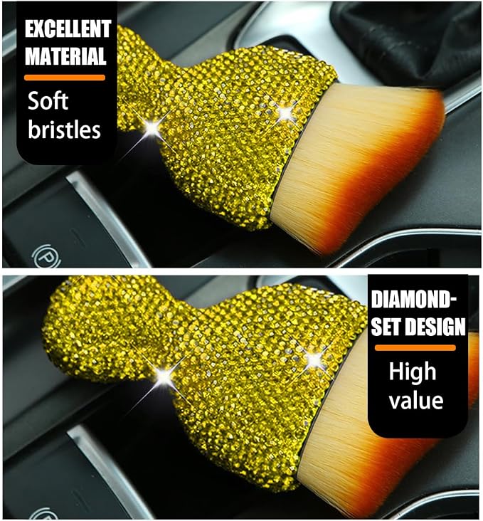 zipelo Auto Interior Dust Brush, Car Detailing Cleaning Brush with Diamond, Bling Handle Soft Bristles Dusting Tool, Scratch Free Dirt Clean Brushes for Vehicle Air Conditioner Vent (Yellow)