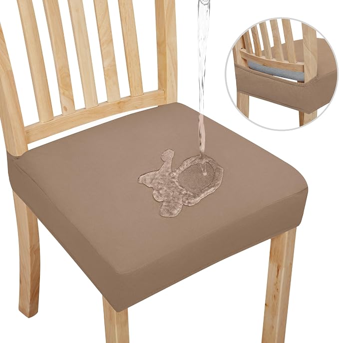 Easy-Going 100% Waterproof Seat Covers for Dining Room Chairs Set of 2, Stretch Chair Seat Slipcovers Protector Removable and Washable Kitchen Dining Chair Covers, Camel
