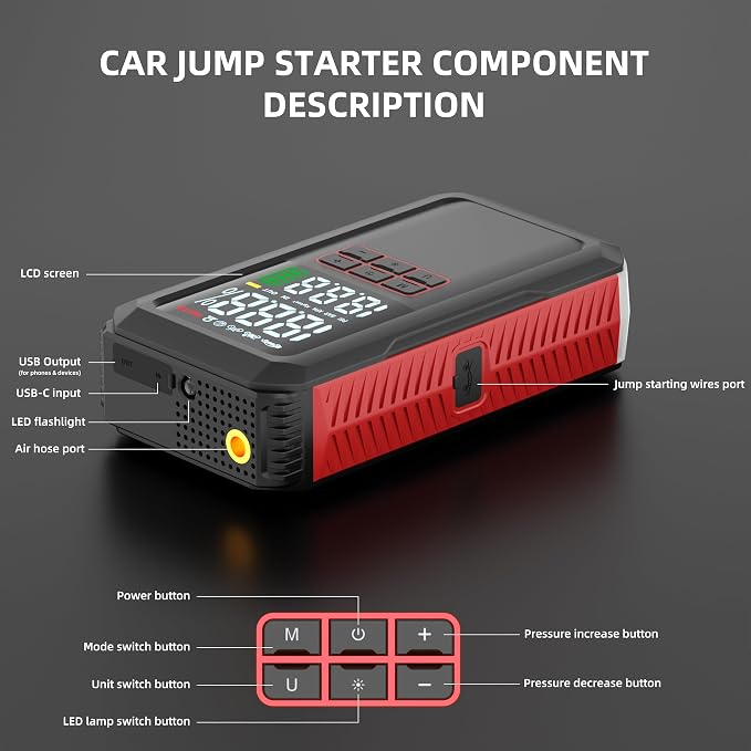 5000A Car Battery Jump Starter with Air Compressor 160PSI, Battery Jumper Starter Portable 7.0L Gas/6.0L Diesel, Jumper Cables, Car Battery Charger with Power Bank & Light, Roadside Emergency Kit