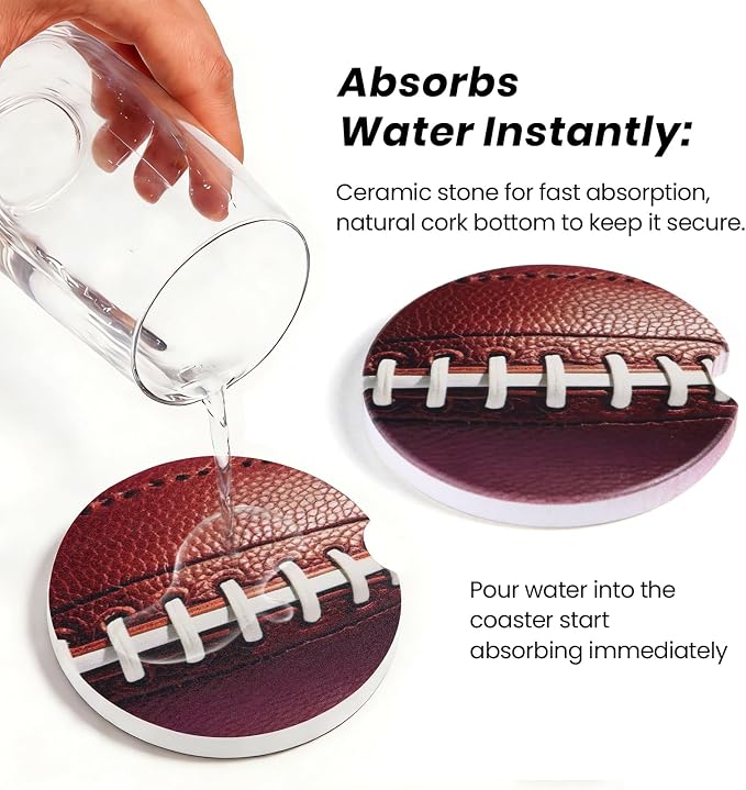 2 Pack Football Car Coasters for Men Women Car Cup Holder Coasters, 2.63 Inch Anti Slip Ceramic Absorbent Coaster with Cork Base and Finger Notch, Funny Car Accessories Interior