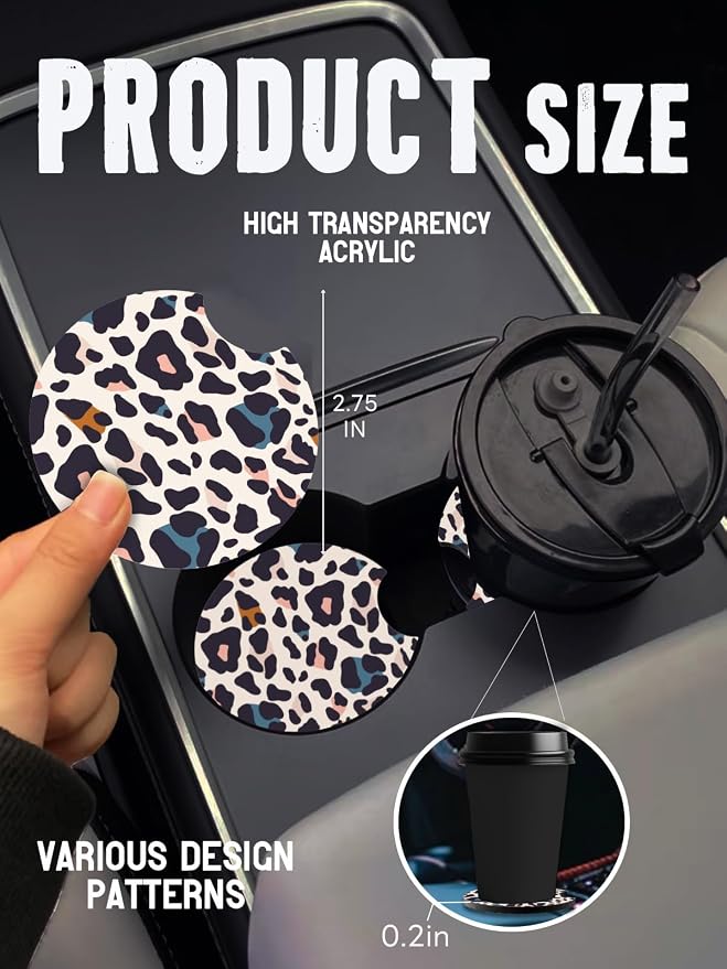 Car Cup Coasters,2 Pack Car Coaster,2.75inch Anti Slip and Absorbent Cars Coasters for Cup Holders,Neopren Accessories for Women,Cute Decor for Women (Colorful Snow Leopard)