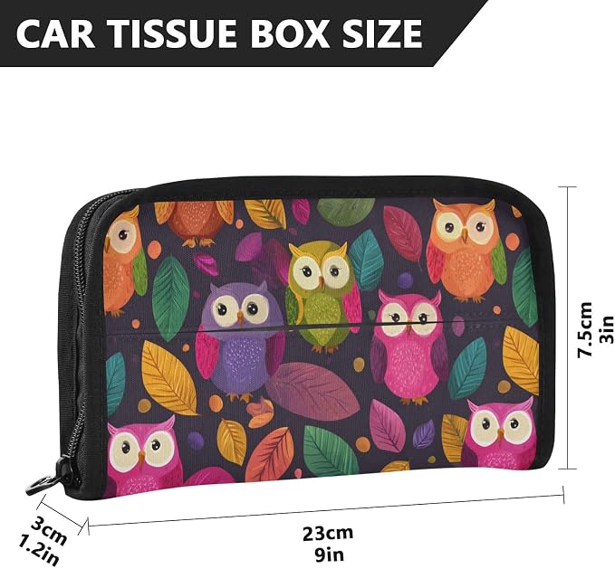 Car Tissue Holder Car Napkin Holder Car Tissue Box Dispenser Storage Case Sun Visor Mask Holder with Adjustable Straps Reusable Refillable Black Owl and Leaves