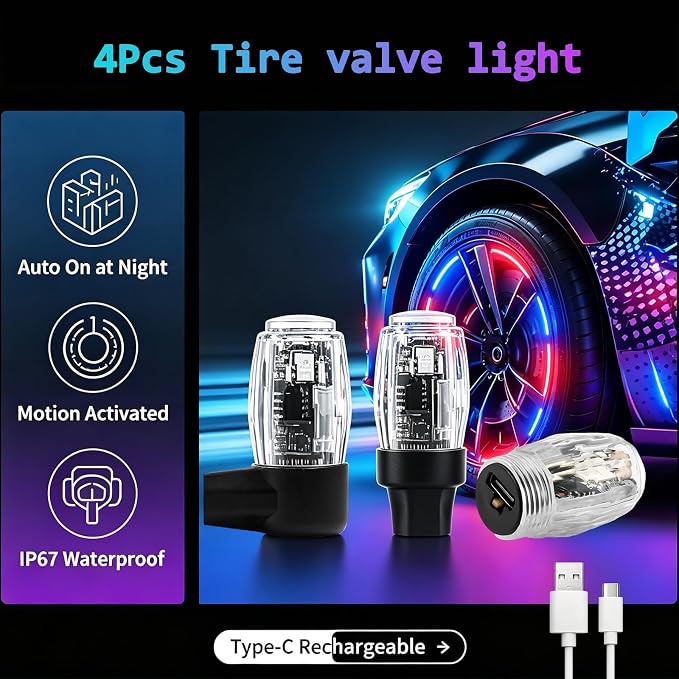 22In1 Car Interior LED Strip Lights Multicolor & 4Pcs Tire Valve Light, Ambient Lighting Strip Lights for Trucks, UTV, SUVs