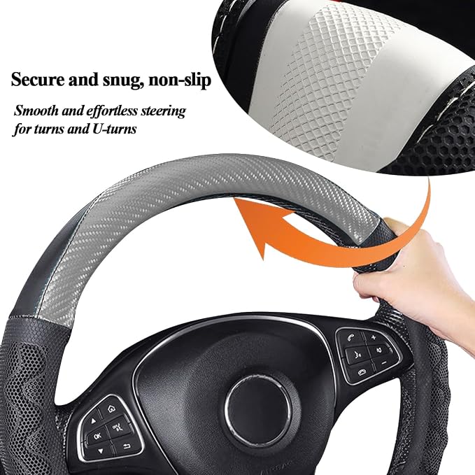 HZEL Car Steering Wheel Cover, Carbon Fiber Breathable Soft Grip Vehicle Steering Wheel Protector with Anti-Slip Lining, Automotive Interior Protective Decor Accessories, Universal Fit (Gray)