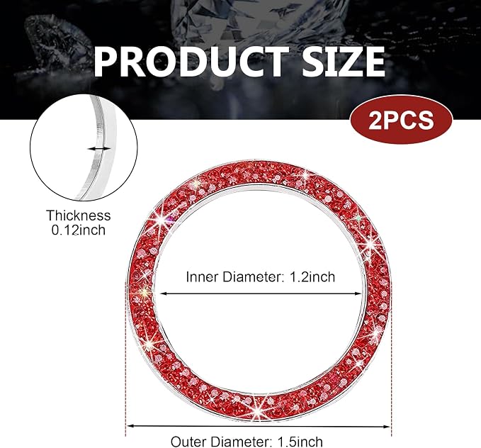 2PCS Car Engine Start Decoration Ring, Bling Crystal Double Rhinestone Push to Start Button Cover Sticker, Car Interior Accessories for Women, Fit for Key Ignition Knob Ring Decoration (Red)
