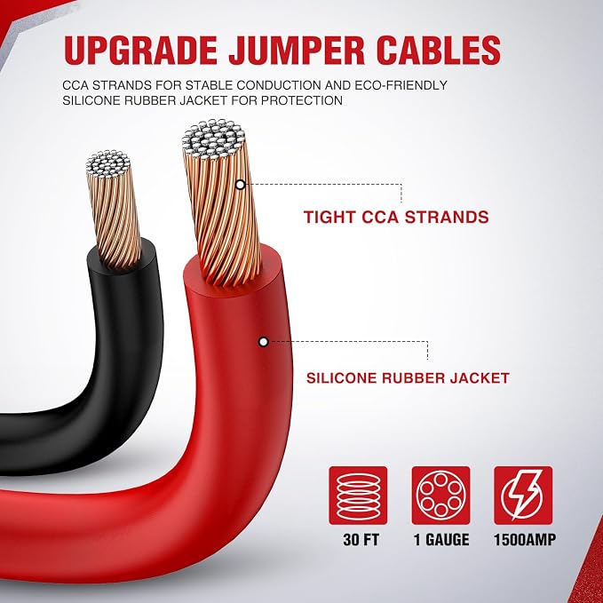 Nilight 1 Gauge 30 Feet Heavy Duty Jumper Cables 900 Amp Booster Battery Cables with Permanent Installation kit and Quick Connect Plug Includes Carrying Bag for 12V & 24V Cars SUVs and Trucks