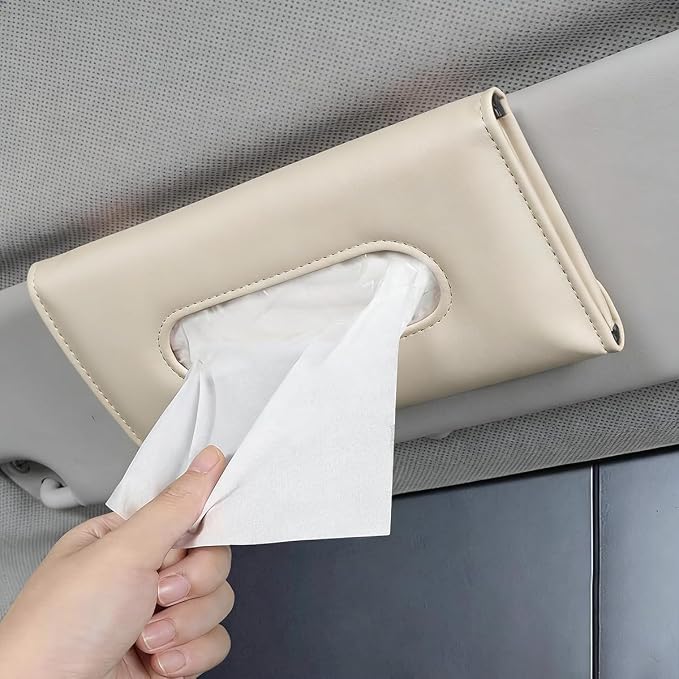 Car Visor Tissue Holder, Vehicle Sun Visor Backseat Napkin Case Mount with Tissues Refill, Automotive Interior Disposable Masks Holder, Universal for SUV Automobile Truck (Beige)