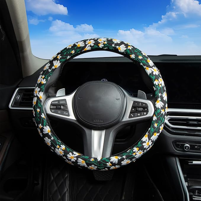 Embroidered Flowers Black Cute Daisy Steering Wheel Cover Auto Anti-Slip Breathable Rubber Steering Wheel Protector,Floral Car Accessories for Women,Universal Size Fit Most Cars -15 inch