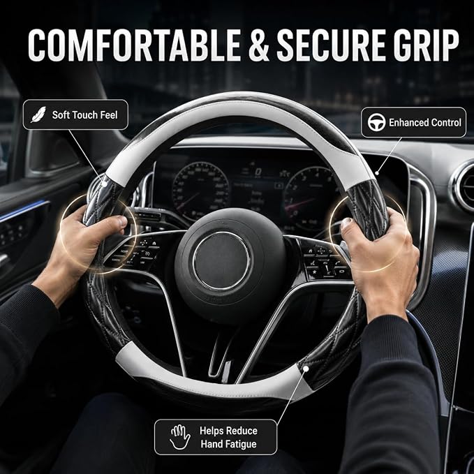 Couslcd 14.5-15 Inch Leather Steering Wheel Cover with Soft Padded Lining, Anti-Slip Comfort Grip, Universal Steering Wheel Protector for Most Cars, SUVs, Trucks (White)