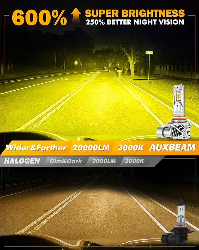 Auxbeam 9005 H10 9145 Fog Light, 20000LM 3000K Golden Yellow 9005 Offroad Light or Fog Light