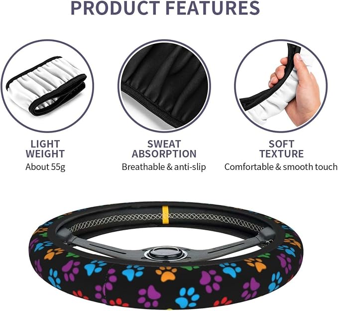 Paw Print Steering Wheel Cover Anti-Slip and Practical 14.5-15 Inch Universal Car Steering Wheel Cover with 2 Pieces Car Coasters Suitable for Men Women