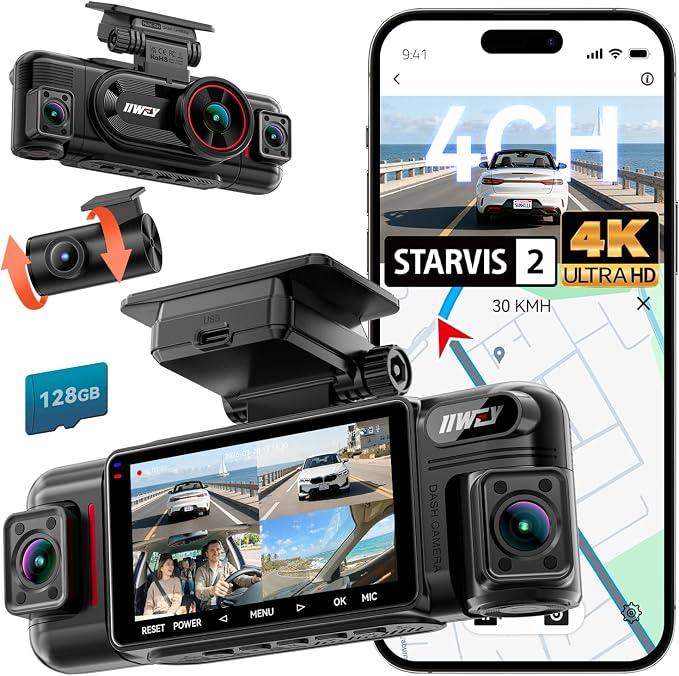 IIWEY N6 PRO STARVIS 2 4K 4-Channel Dash Cam, 360° All-Around View (4K+1080Px3), Front Rear and Dual Inside Car Camera, 5GHz WiFi, GPS, 8-IR Lamps Night Vision, Free 128GB Card, 24/7 Parking Mode