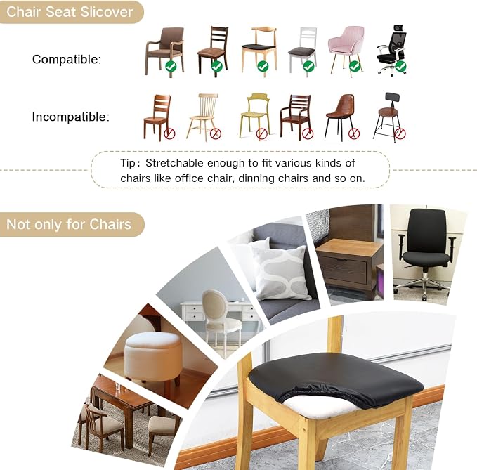 Leather Stretch Chair Seat Covers with Elastic Ties,Waterproof Dining Room PU Leather Chair Cover Seats,Removable Washable Chair Protector Seat Cushion Slipcovers for Home,Kitchen (Black, 4 PCS)
