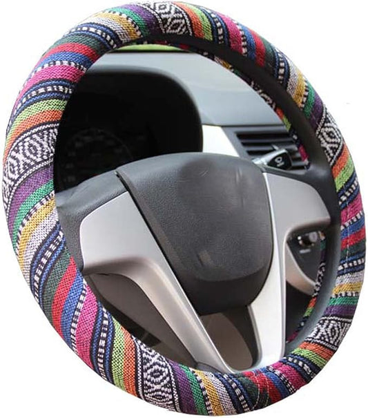 Medium Ethnic Style Coarse Flax Cloth Automotive Steering Wheel Cover Anti Slip and Sweat Absorption Auto Car Wrap Cover (14.5''-15'',B)