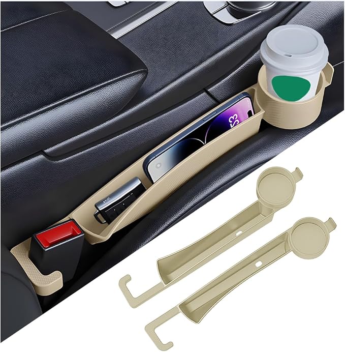 2PCS Car Seat Gap Filler Organizer with Cup Holder, Multifunctional Side Seat Crevice Blocker Plug with Storage Slot, No-Drop Auto Console Side Gap Stopper Organizer, Universal Fit (Beige)