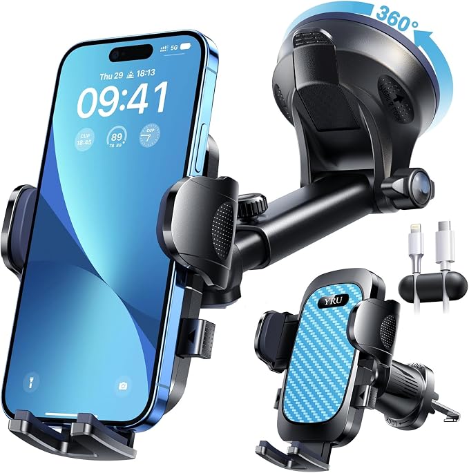 YRU True Military-Grade [360° Rotation Suction] 2026 Ultimate Car Phone Holder Mount【90+LBS Safest Strongest & Patent Certs】 Dash Windshield for iPhone 17 16 Pro Max Speakerphones, Royal Blue