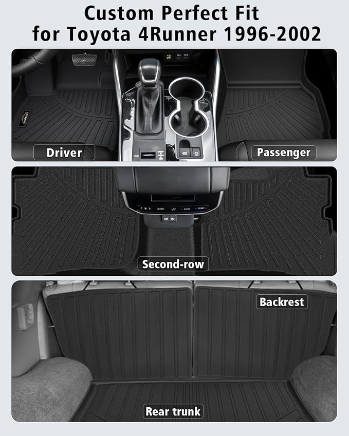 Floor Mats Custom for Toyota 4Runner 1996-2002 | All Weather TPE Rubber Floor Liners, Cargo Liner, Backrest Mat Full Set for 3rd Gen 4Runner Accessories, Black