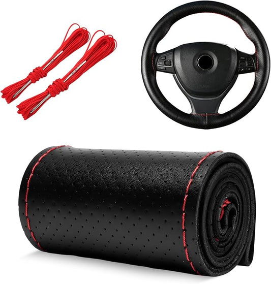 Genuine Leather Steering Wheel Cover, 15 Inch Stitch on Wheel Wrap with Needles & Threads, Breathable Steering Wheel Protector DIY Sewing Wrap for Car Truck SUV (Black & Red, Full Hole)
