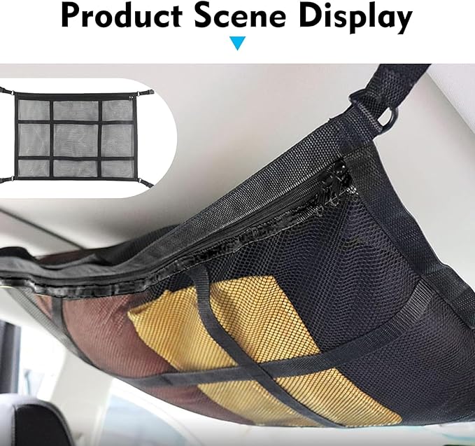 Car Ceiling Cargo Net, Double Layer Mesh Overhead Storage Organizer with Adjustable Straps, 20.87" x 31.5" Roof Storage Pocket for Camping Road Trips, Universal for Most Cars, SUVs (Black)
