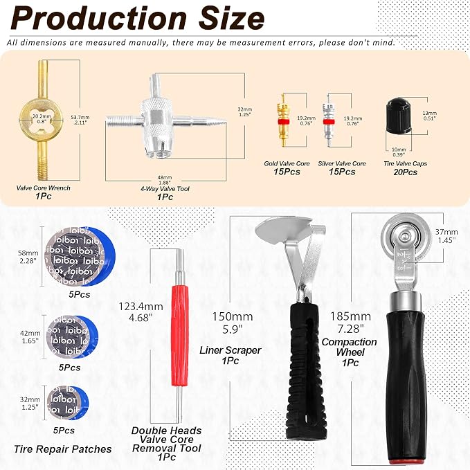 70Pcs Tire Patch Kit Heavy Duty, Tire Roller, Liner Scraper, Rubber Repair Patches, Valve Core Removal Tool with Tire Valve Caps, 4-Way Valve Tool and Valve Core Wrench