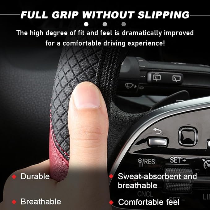 DXNQ Car Steering Wheel Cover, 15 Inch Carbon Fiber Leather Stitching Color Steering Wheel Protector, Anti-Slip Elastic Breathable Steering Wheel Cover Stylish Decor for Most Cars (Black&Red, AD)