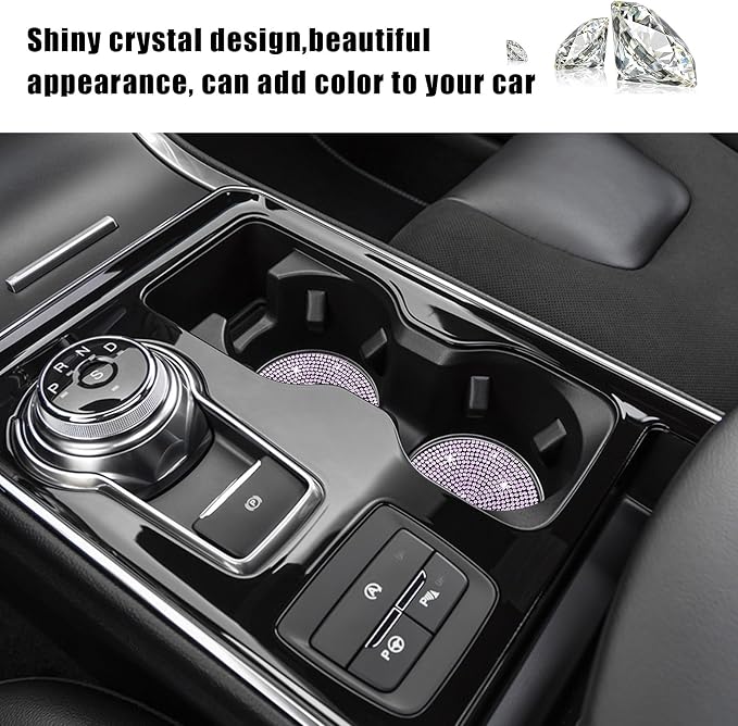 Ziciner 2PCS Bling Car Cup Holder Coaster, 2.73 Inch Anti-Slip Cup Insert Coasters, Crystal Rhinestone Auto Drink Cup Mat, Universal Interior Decor Car Accessories for Women Girls (Pink)