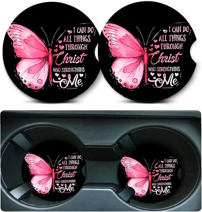 2 Pack Pink Butterfly Car Cup Holder Coasters Universal Neoprene Coasters | 2.75" Universal Size Anti Slip Rubber Mat, Auto Cup Holder Accessories for SUV Truck, Butterfly Gifts for Women Men Mom