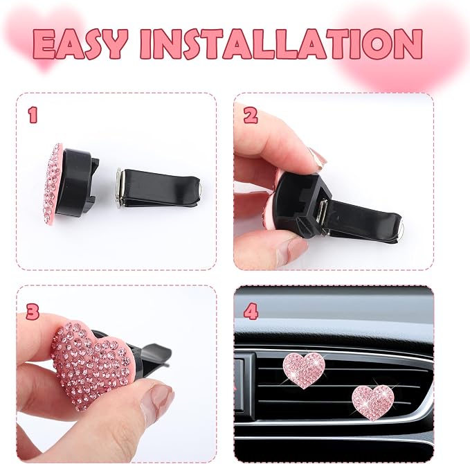 4PCS Heart-Shaped Car Vent Clips with Rhinestone,Bling Air Vent Clips Car Decorations,Premium Shiny Car Clips for Vents Accessories Interior (Green)