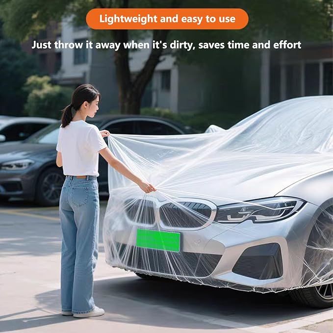 Car Essential Universal Disposable Clear Plastic Car Cover Suitable for SUV Sedan (Membrane Size：11.8ft x 21ft) with Elastic Band for Outdoor Snow Rain Weather，Individually Packaged, Super Convenient