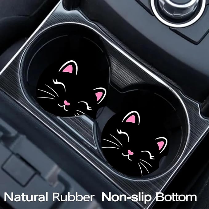 2 Pack Black Cat Car Cup Holder Coasters Universal Neoprene Coasters | 2.75" Universal Size Anti Slip Rubber Mat, Auto Cup Holder Accessories for SUV Truck, Cat Gifts for Pet Lover Women Men Mom