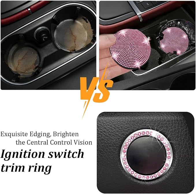 27PCS Bling Car Accessories Set for Women, 14.5-15" Crystal Rhinstone Steering Wheel Cover, License Plate Frame, USB Charger Phone Holder, Girly Auto Interior Decor Set, Universal Fit (Pink)