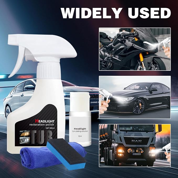 Automotive Headlamp Restoration Fluid Kit, Car Headlight Cleaner and Restorer Coating Spray Kit, Without Sanding or Disassembly, Durable Headlight Repair Kit for All Vehicle Types, 180ml (1Set)