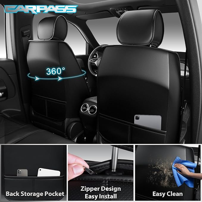CAR PASS Nappa Leather Seat Covers 2, Waterproof Universal FIT Piping Leather Car seat Covers Front Seats, 3D Foam Front Seat Cover for Cars,SUV,Trucks Airbag Compatible Luxury&Comfort&Durable Black