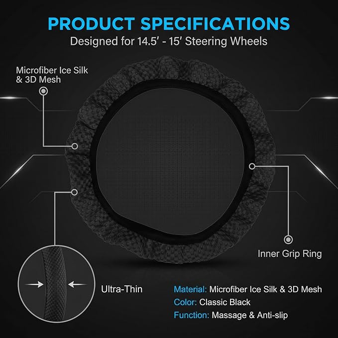Car Steering Wheel Cover, Breathable Ice Silk Steering Wheel Cover, Elastic Stretch Anti-Slip Wheel Protector, Auto Interior Protection for 14.5" & 15", Fit for SUV Sedan Truck (Black)