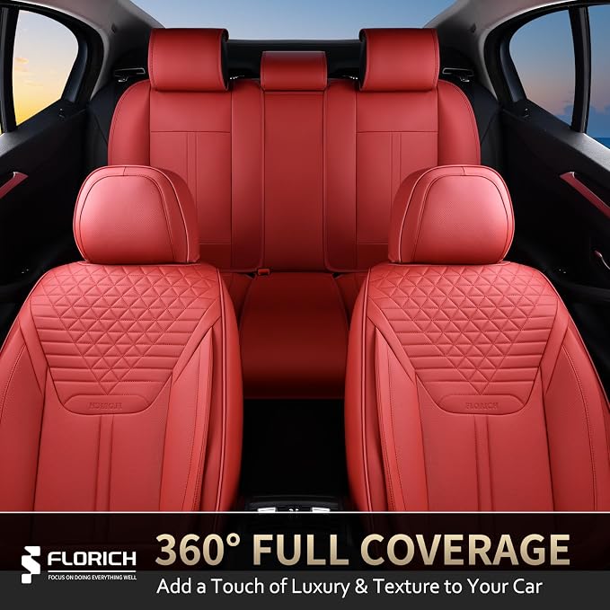 FLORICH Seat Covers, Car Seat Covers Full Set, Luxury Nappa Leather Seat Covers, Breathable and Waterproof Car Seat Protector 5 Seat, Automotive Seat Covers Universal Fit for Most Cars-Red