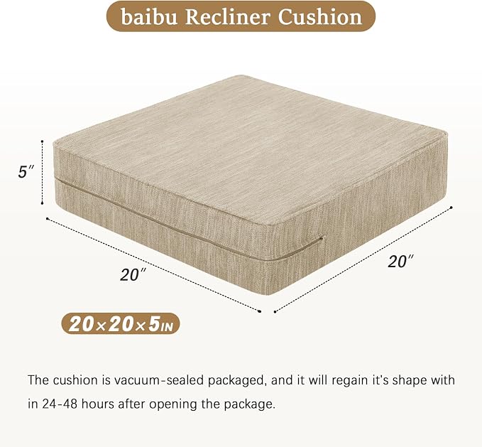 baibu 20x20x5 Inch Square Gel Memory Foam Recliner Cushions for Elderly, Dual-Layer Non-Slip Recliner Seat Cushion Suitable for Couch for Easy to Stand Up & Reduce Hip & Lumbar Pain, Beige