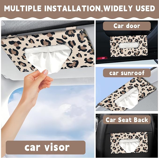 2 Pcs Sunglass Holder and 1Pcs Car Tissue Holder for Car,Magnetic Leather Sunglasses Holder Car Sun Visor Glasses Hanger Clip,Car Interior Accessories for Women(Light Brown Leopard Print)
