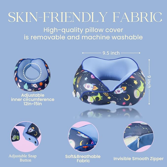 SKYTRAX® Certified Kids Safe Memory Foam Travel Neck Pillows for Kids and Toddlers, Cute Cartoon Design, Car Seat & Airplane Head Neck Support, Adjustable Snap Buttons, Washable Soft Cover (Dinosaur)