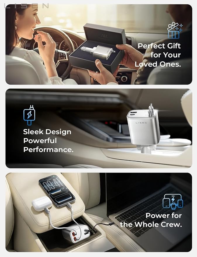 LISEN Retractable Car Charger for iPhone, for iPhone 17 Pro Max 16 15 14 13 12 Plus Mini, Cute 4 in 1 Retractable USB C Car Charger Fast Chareg for Women Men, 84W Fast Charging Car Accessorie | Multiple Ports Car Charger, Retractable Car Charger Fast C...