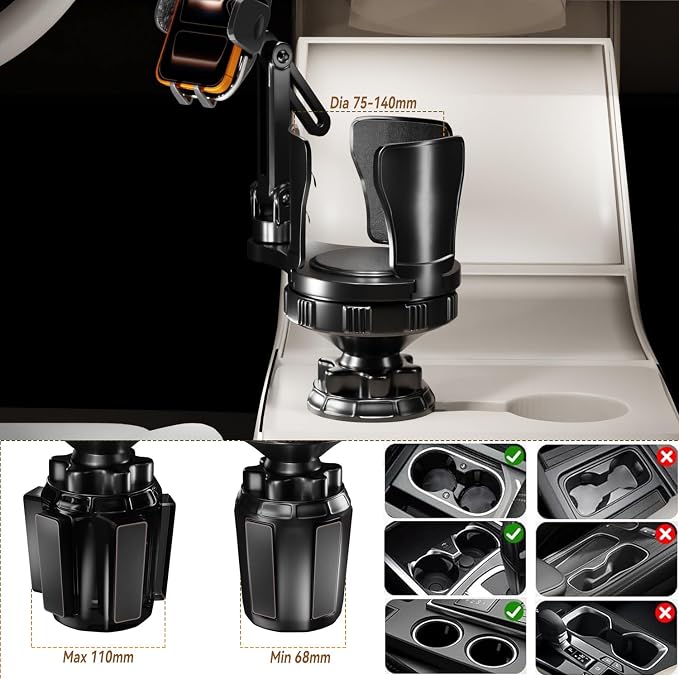 EXELIQ Cup Holder Expander with Phone Mount for Car, 2-in-1 Adjustable Cup Holder Fits Large Bottles, Tumblers & Fast Food Drinks, Universal Phone Mount 360° Rotating Arm for 4.7–7" Phones