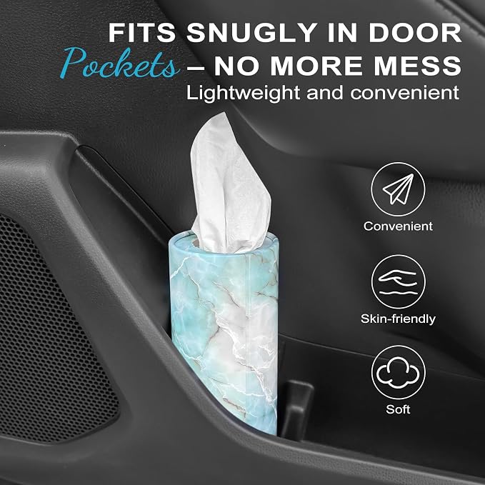 Car Tissue Holder (4 PK) - 50 3-Ply Tissues Cylinder, Fits Car Cup Holders, Portable Travel Tubes Box Container, Marble Design, Round Tissue Container for Car Accessories