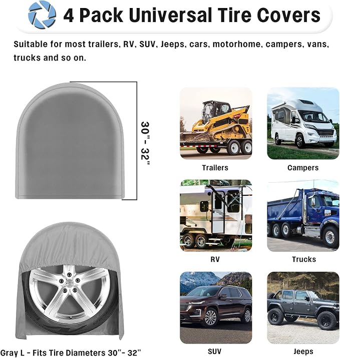 OutdoorLines Waterproof Tire Covers Set of 4 | UV Proof Trailer Wheel Cover for RV Jeep Trailer Camper Van Truck, Universal Tire Covering Fits Diameters 30"-32", Gray