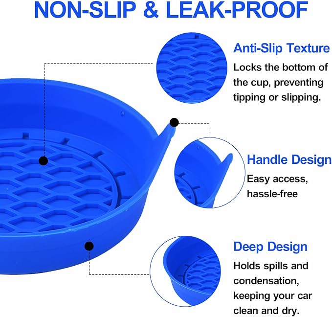 4 Pack Car Cup Holder Coaster, 3.15 Inch Non-Slip Silicone, Blue | Cup holder insert, spill proof ,raised lip, honeycomb base, rinse clean, fits most sedans suvs trucks, automotive accessories