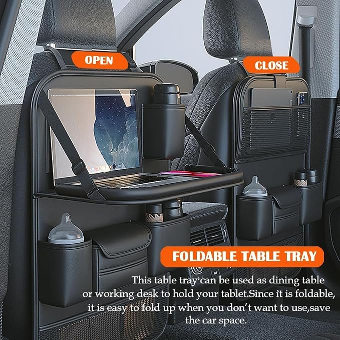 Leather Car Seat Back Organizer with Foldable Tray Table, Backseat Car Organizer with Tablet Pocket, Cup Holders, Tissue Pocket, Mesh Pockets, Kick Mat, Black, 1 Pack