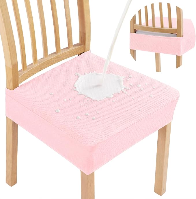 Smiry Waterproof Seat Covers for Dining Room Chairs Set of 4, Stretch Jacquard Removable Washable Chair Seat Slipcovers Protector, No Rear Covers, Blush Pink