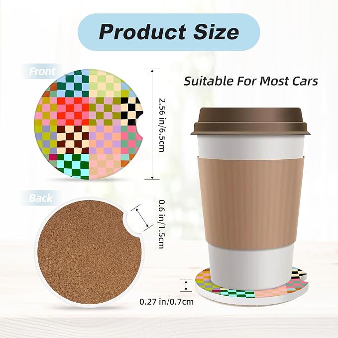 Colorful Checkered Car Coasters for Cup Holders,2 Pack Car Cup Holder Coasters for Car,Ceramic Absorbent Car Coaster with A Finger Notch and Cork Base,Car Interior Accessories for Women Men