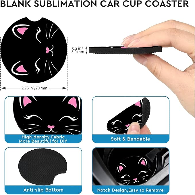 2 Pack Black Cat Car Cup Holder Coasters Universal Neoprene Coasters | 2.75" Universal Size Anti Slip Rubber Mat, Auto Cup Holder Accessories for SUV Truck, Cat Gifts for Pet Lover Women Men Mom
