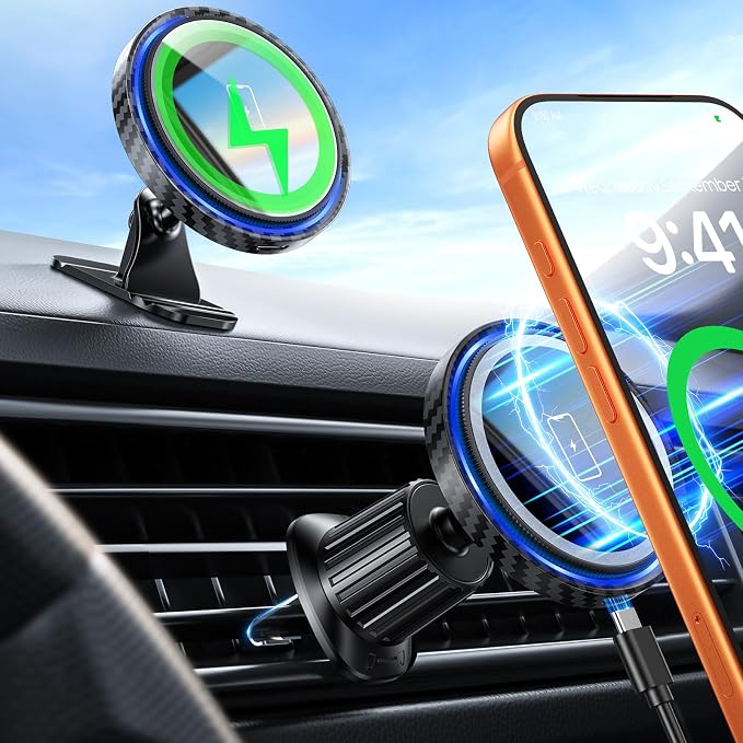 Magnetic Car Charger Mount 15W for iPhone 17-12 Pro Max | N52 Strong Magnets, 360° Rotation, Dashboard & Vent Mount, Compatible with Magnetic Cases, Gift for Men, Black
