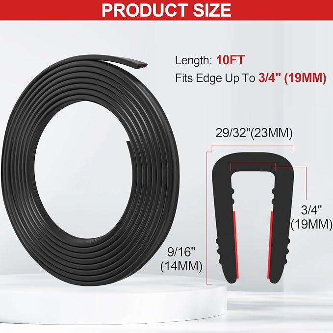ToLanbbt Rubber Edge Trim U Channel, 3/4" Self Adhesive Sheet Metal Edge Guard Protector, EPDM Seal Strip for Car Doors, Steel Plates, Glass, Hatches, Table Corners, Fit 3/4"(19mm), 10Ft, Black