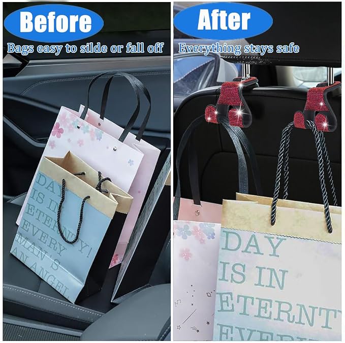 Bling Car Purse Hooks 2Pcs, Rhinestones Car Headrest Hook Backseat | Double Hooks,Holds 44Lbs,Wide Opening,Durable Nylon,Car Seat Hook,Purse Holder,Bling Car Accessories for Women,Red